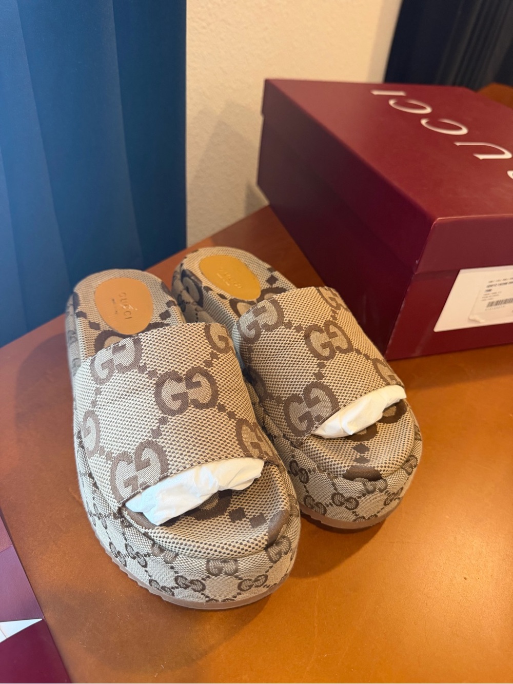Gucci Tan GG Canvas Platform Slide Sandals - Picture 7 of 10